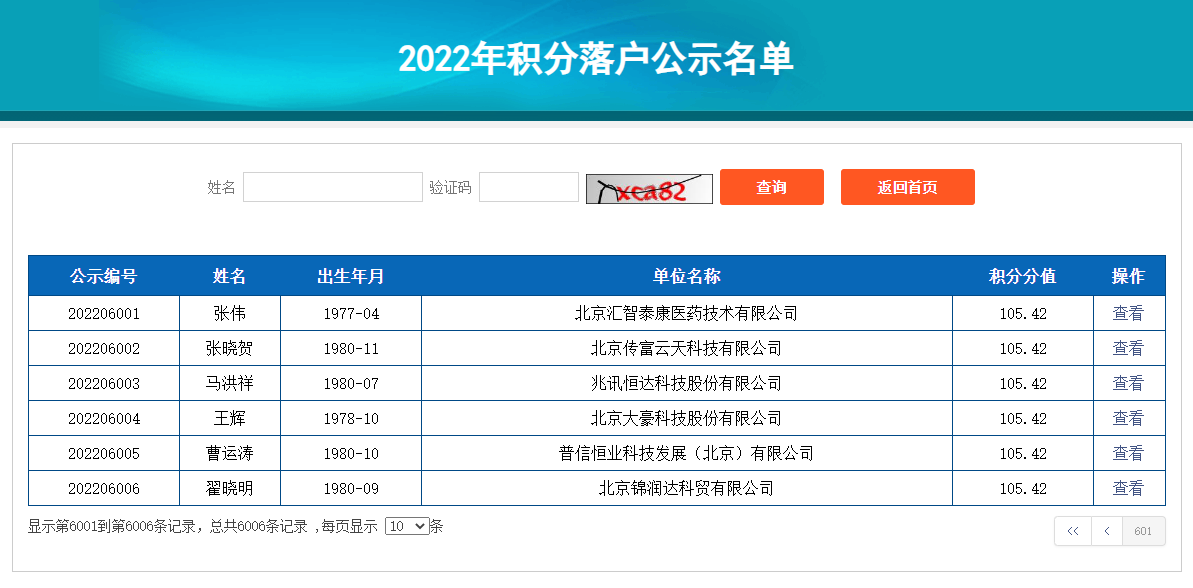 2022年北京积分落户公示名单
