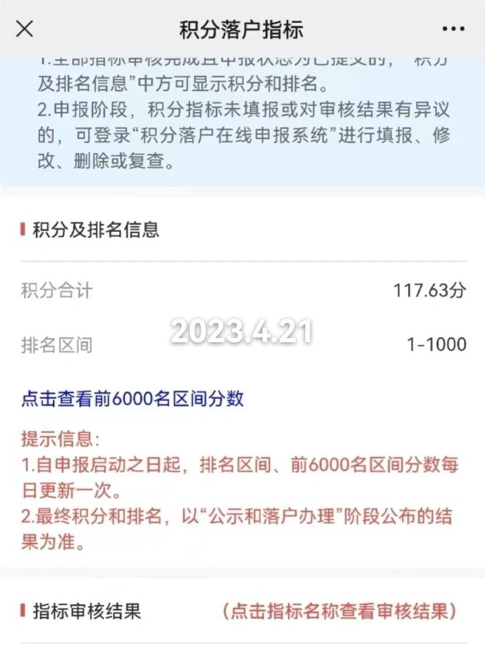 2023年北京积分落户前6000名区间排名、最低分数、密度及分数线（4月21日）