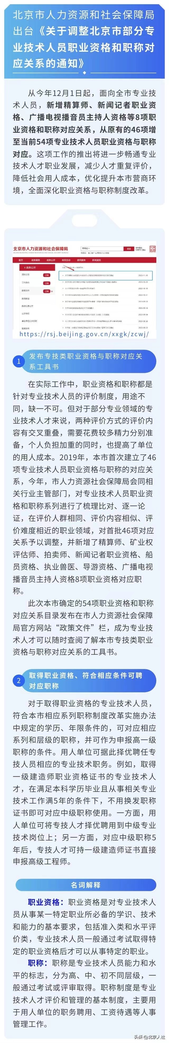 北京市人力资源和社会保障局《关于调整北京市部分专业技术人员职业资格和职称对应关系的通知》